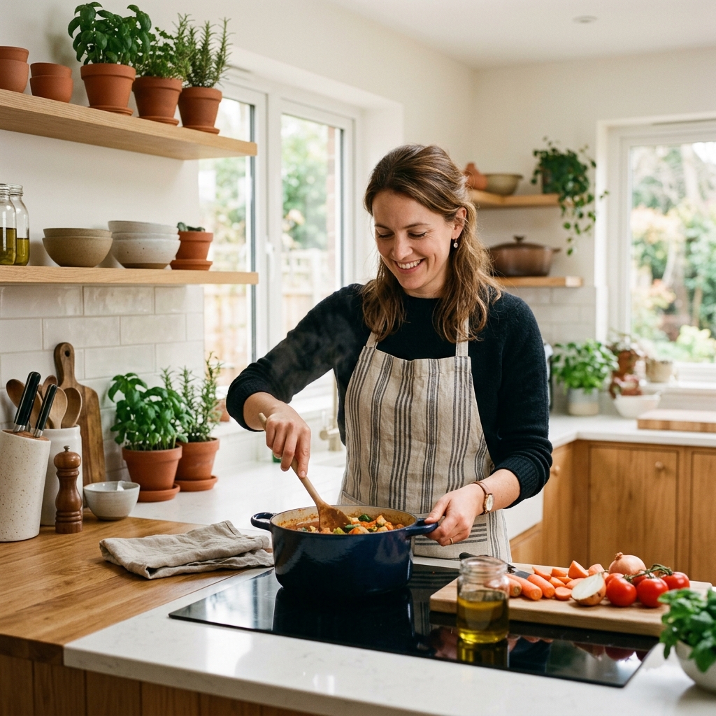 A home chef preparing a meal in a warm kitchen